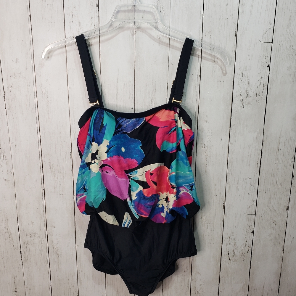 2 Bamboo One Piece Black & Floral Swimsuit Size M